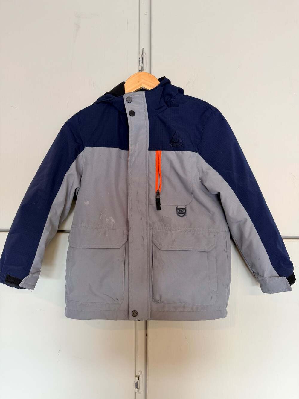 Gerry Boys Colorblock Winter Hooded Puffer Jacket Gray Navy Blue Size S 7/8